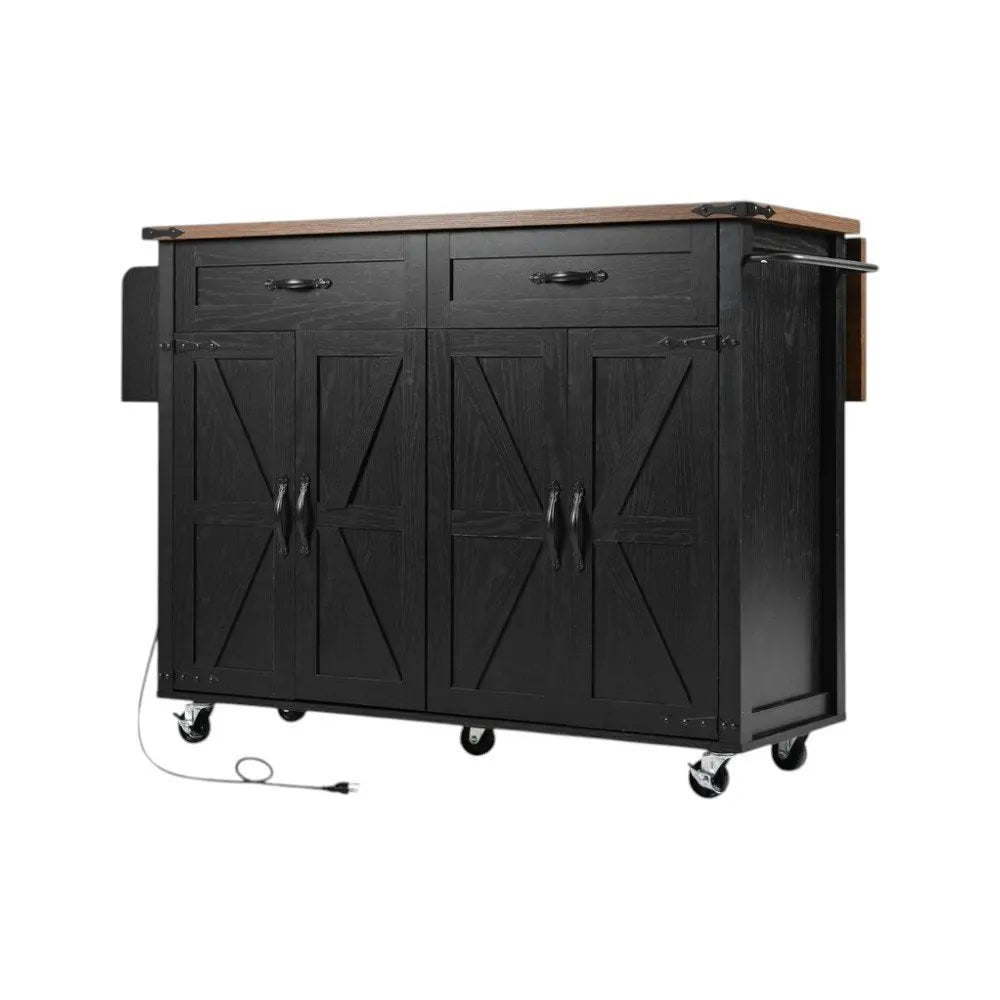 54" Black Wood Barn Door Rolling Kitchen Island With USB - NOVA HOME FURNITURE