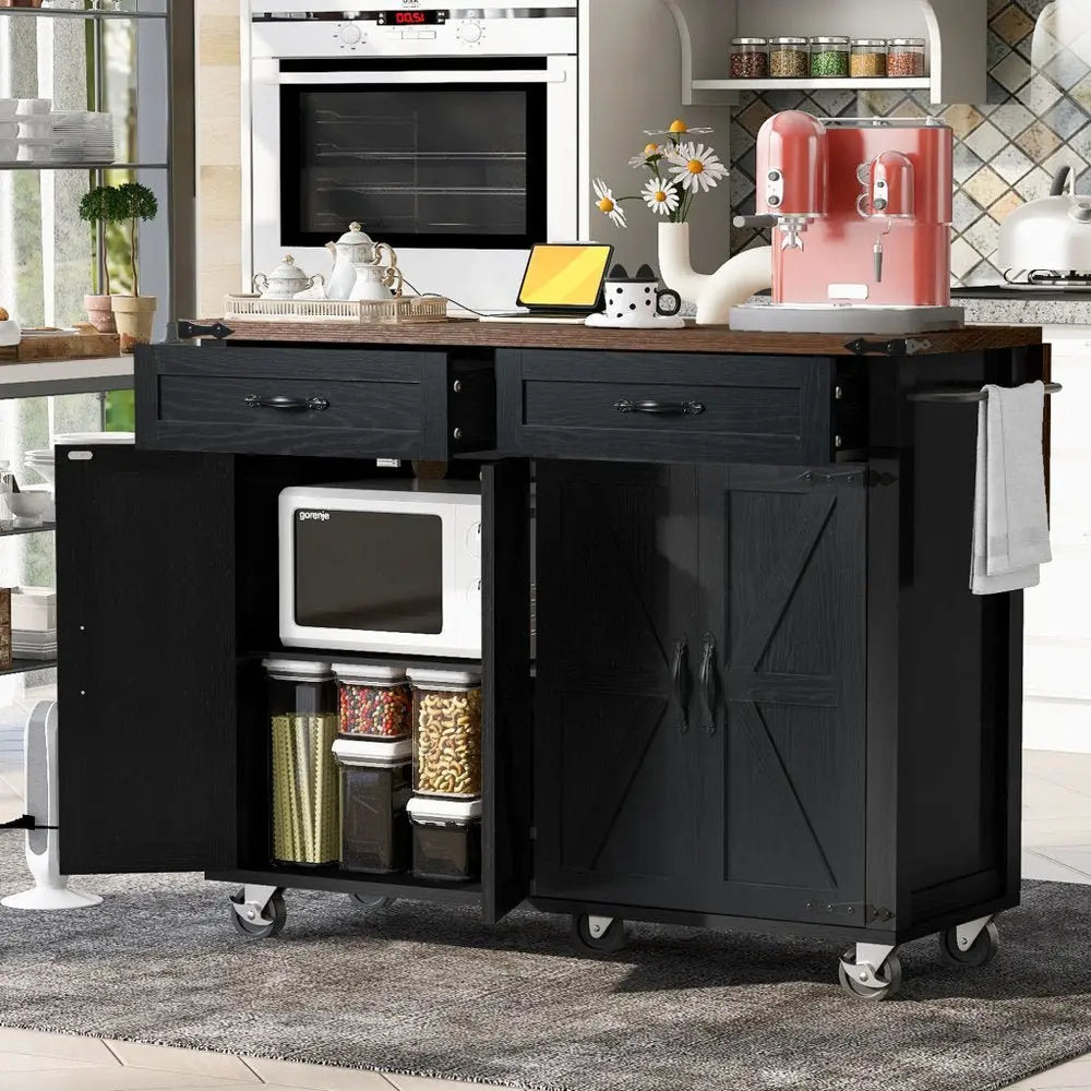 54" Black Wood Barn Door Rolling Kitchen Island With USB - NOVA HOME FURNITURE