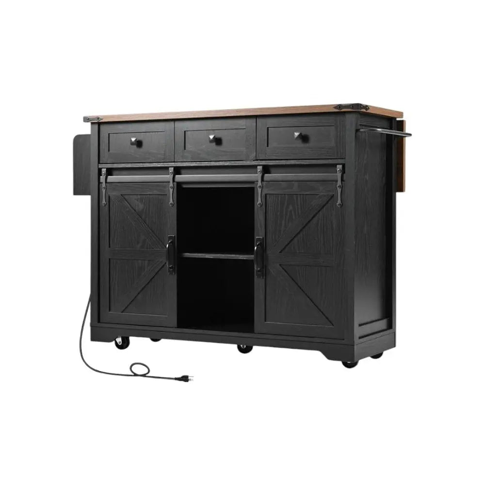 54" Black Wood Barn Door Rolling Kitchen Island With USB - NOVA HOME FURNITURE