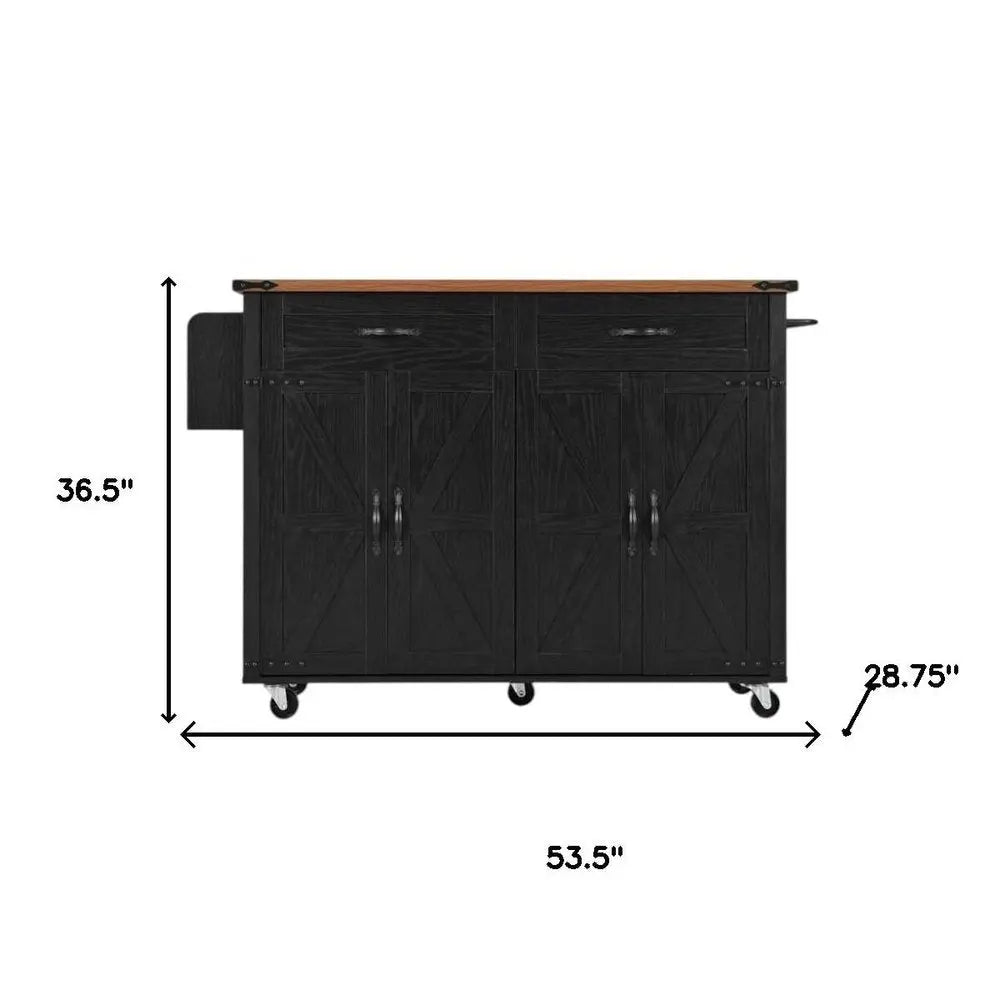 54" Black Wood Barn Door Rolling Kitchen Island With USB - NOVA HOME FURNITURE