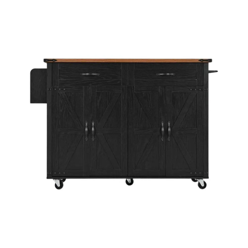 54" Black Wood Barn Door Rolling Kitchen Island With USB - NOVA HOME FURNITURE