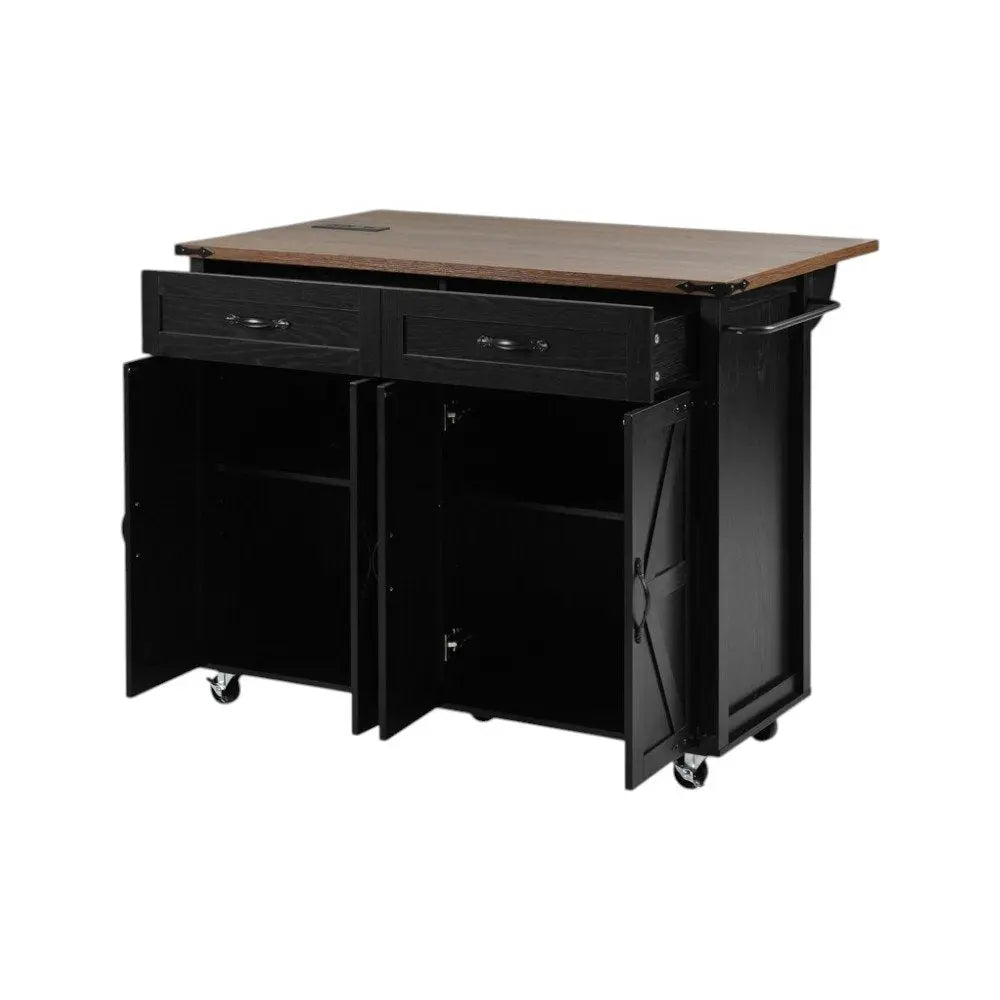 54" Black Wood Barn Door Rolling Kitchen Island With USB - NOVA HOME FURNITURE