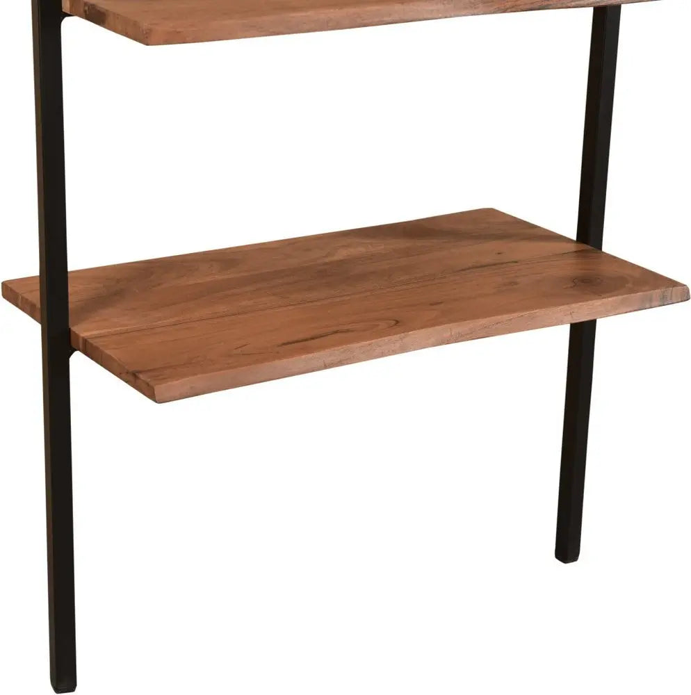 54" Brown and Black Solid Wood and Metal Wall Mounted Writing Desk and Bookshelf Set With Three Drawers - NOBLE HOME INTERIORS