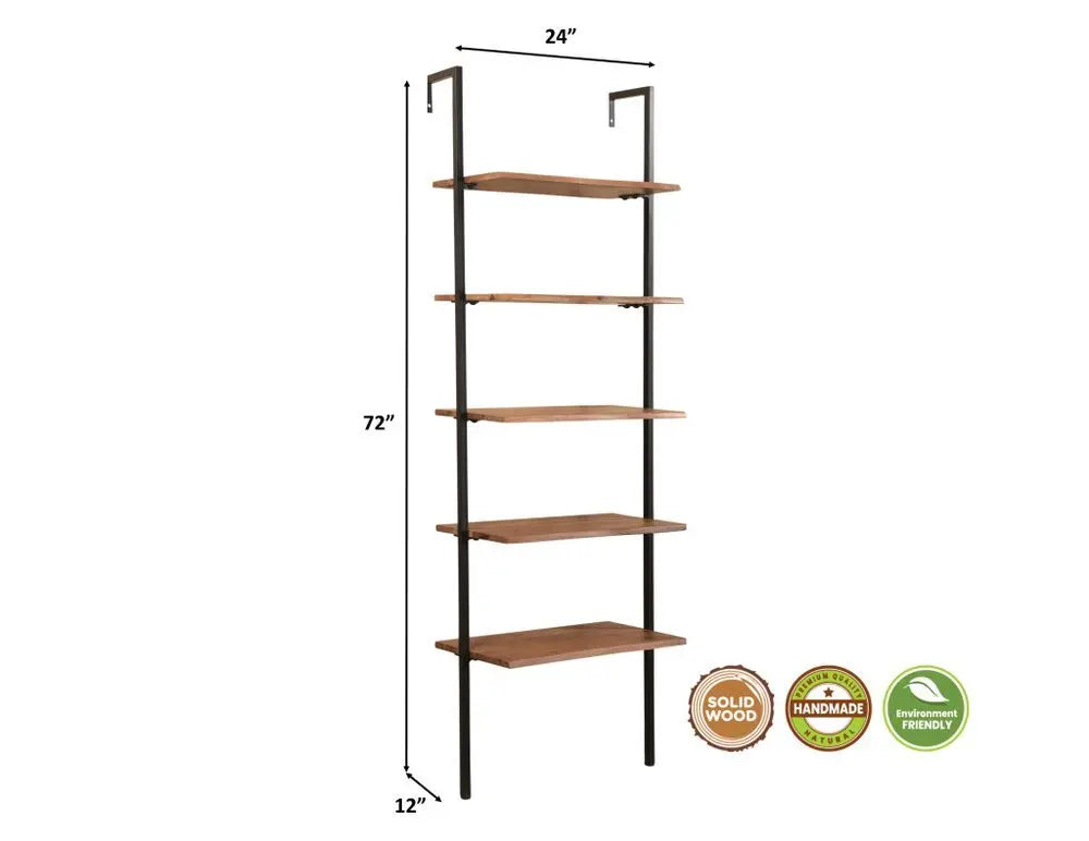 54" Brown and Black Solid Wood and Metal Wall Mounted Writing Desk and Bookshelf Set With Three Drawers - NOBLE HOME INTERIORS