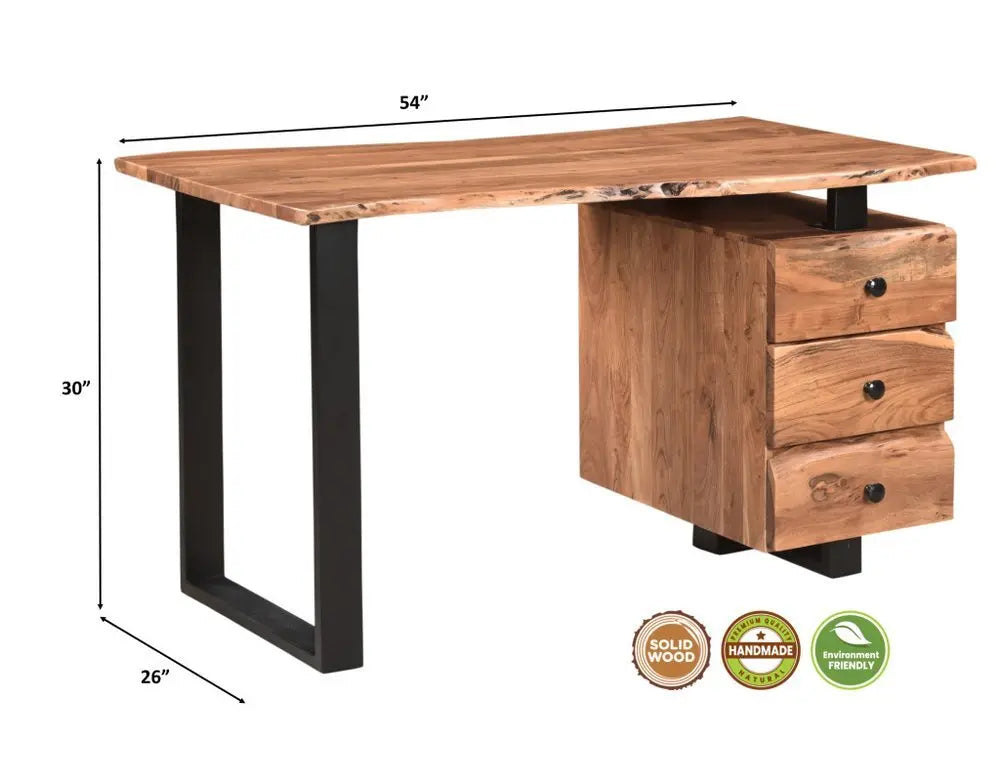 54" Brown and Black Solid Wood and Metal Wall Mounted Writing Desk and Bookshelf Set With Three Drawers - NOBLE HOME INTERIORS