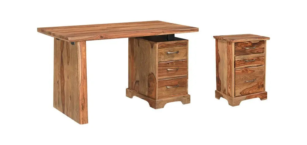 54" Brown Solid Wood Writing Desk and Bookshelf Set With Three Drawers - NOBLE HOME INTERIORS