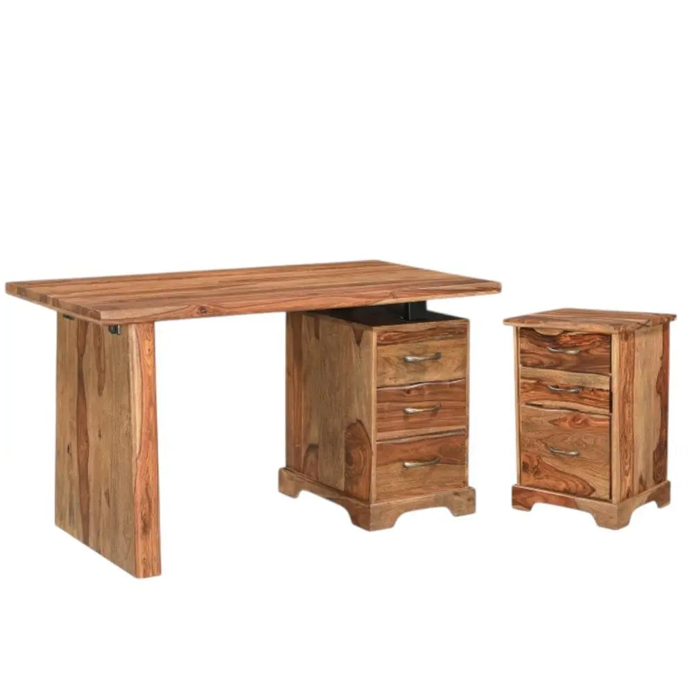 54" Brown Solid Wood Writing Desk and Bookshelf Set With Three Drawers - NOBLE HOME INTERIORS