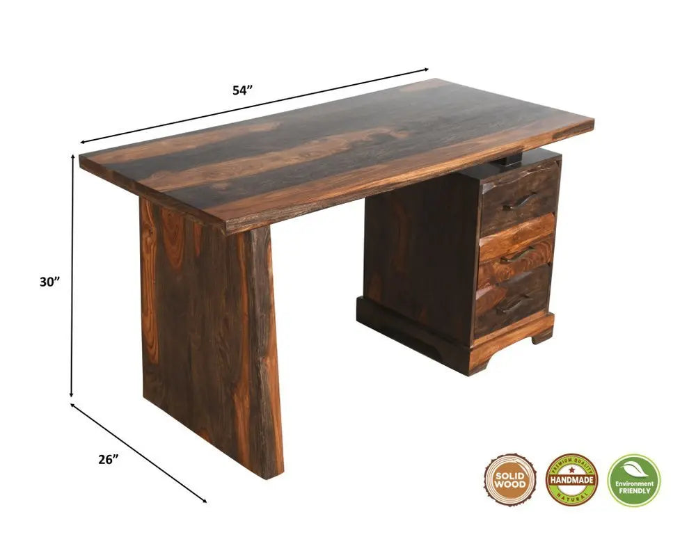 54" Dark Brown Solid Wood Writing Desk and Bookshelf Set With Three Drawers - NOBLE HOME INTERIORS