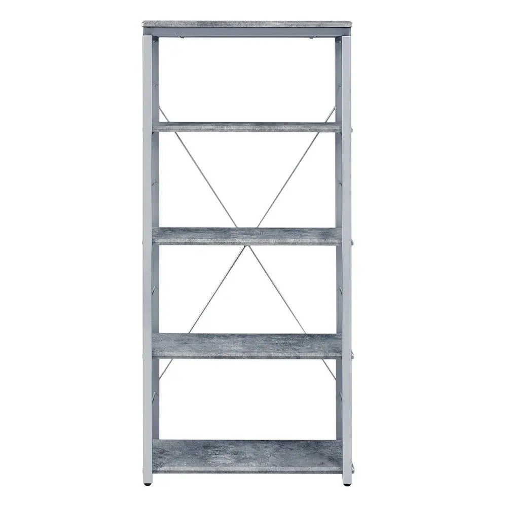 54" Gray And Silver Metal and Wood Four Tier Etagere Bookcase - NOBLE HOME INTERIORS