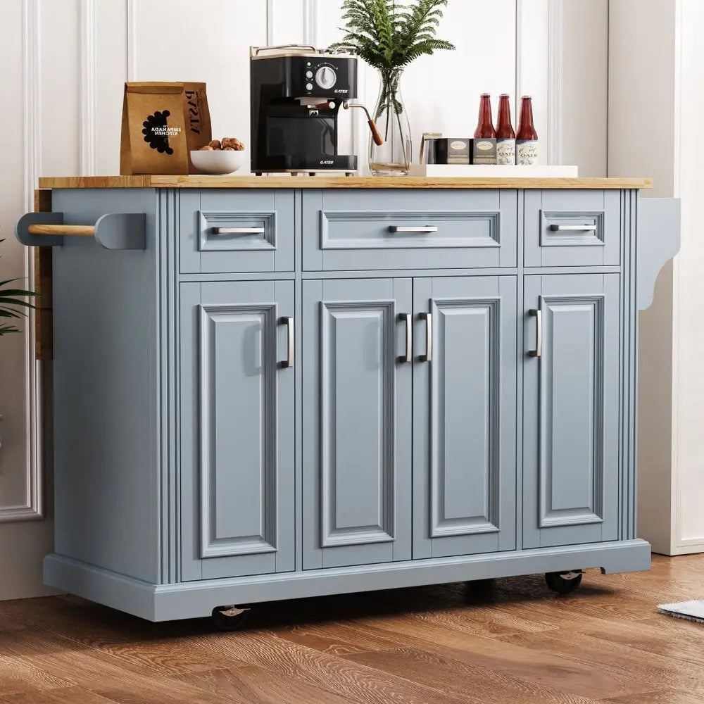 54" Light Blue Wood Barn Door Rolling Kitchen Island With Storage - NOVA HOME FURNITURE