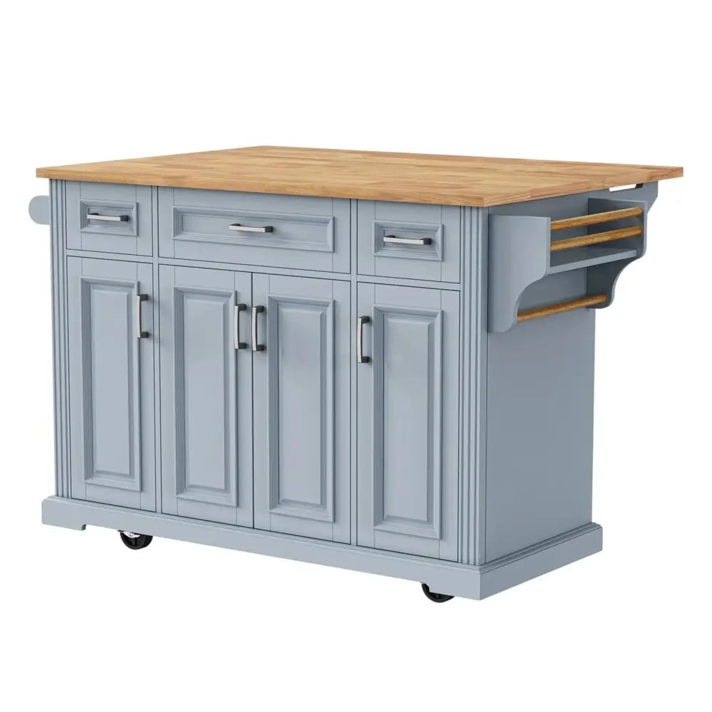 54" Light Blue Wood Barn Door Rolling Kitchen Island With Storage - NOVA HOME FURNITURE