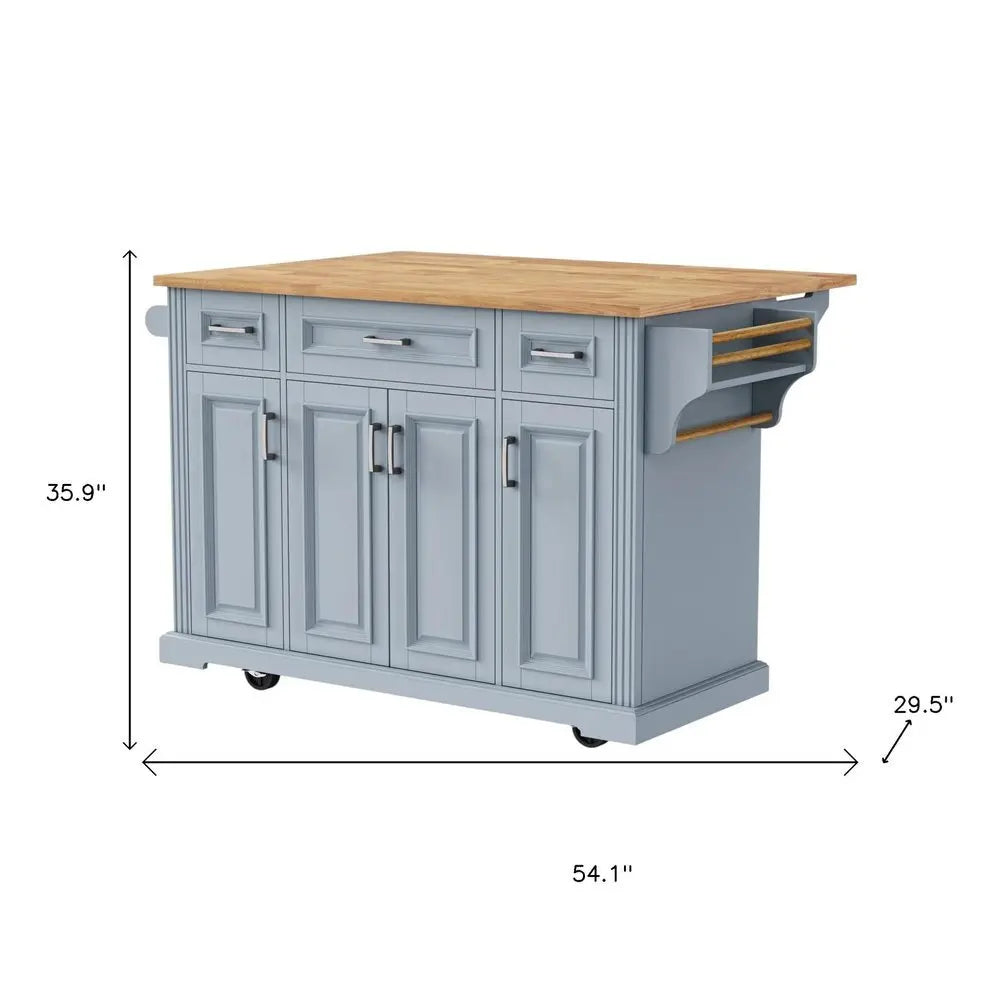 54" Light Blue Wood Barn Door Rolling Kitchen Island With Storage - NOVA HOME FURNITURE