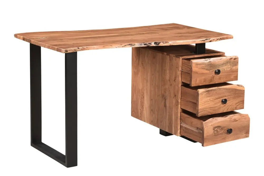 54" Natural and Black Live Edge Solid Wood Writing Desk With Three Drawers - NOBLE HOME INTERIORS