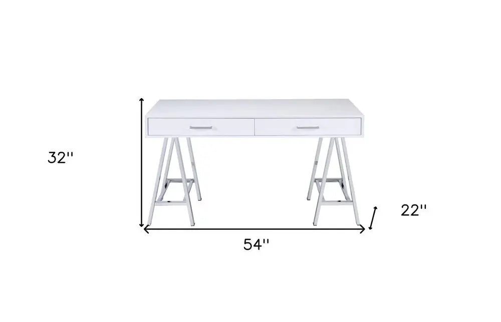 54" White and Silver Writing Desk With Two Drawers - NOBLE HOME INTERIORS