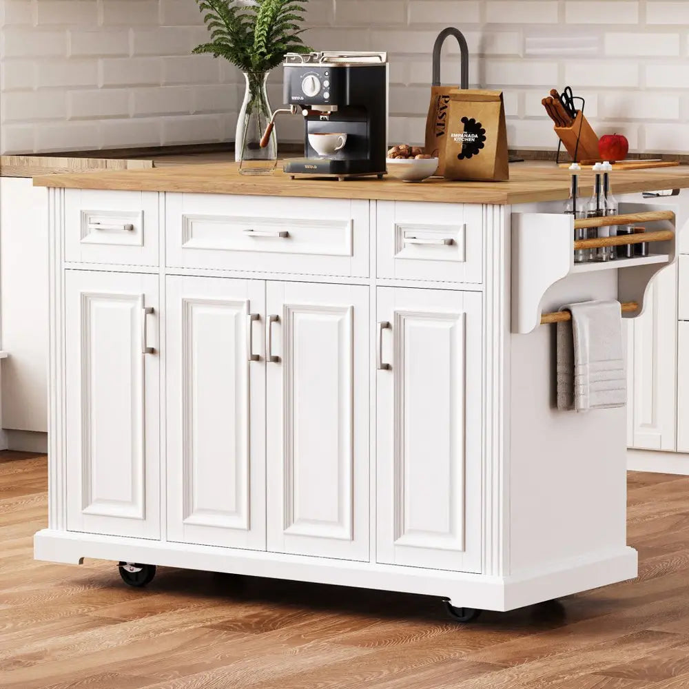 54" White Wood Barn Door Rolling Kitchen Island With Storage - NOVA HOME FURNITURE