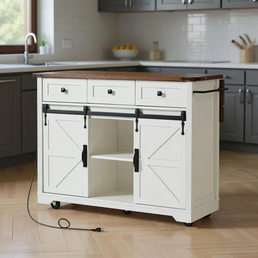 54" White Wood Barn Door Rolling Kitchen Island With USB - NOVA HOME FURNITURE