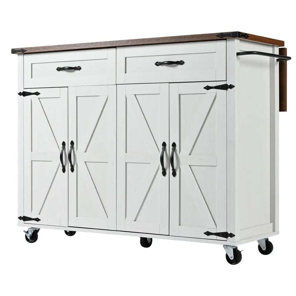 54" White Wood Barn Door Rolling Kitchen Island With USB - NOVA HOME FURNITURE