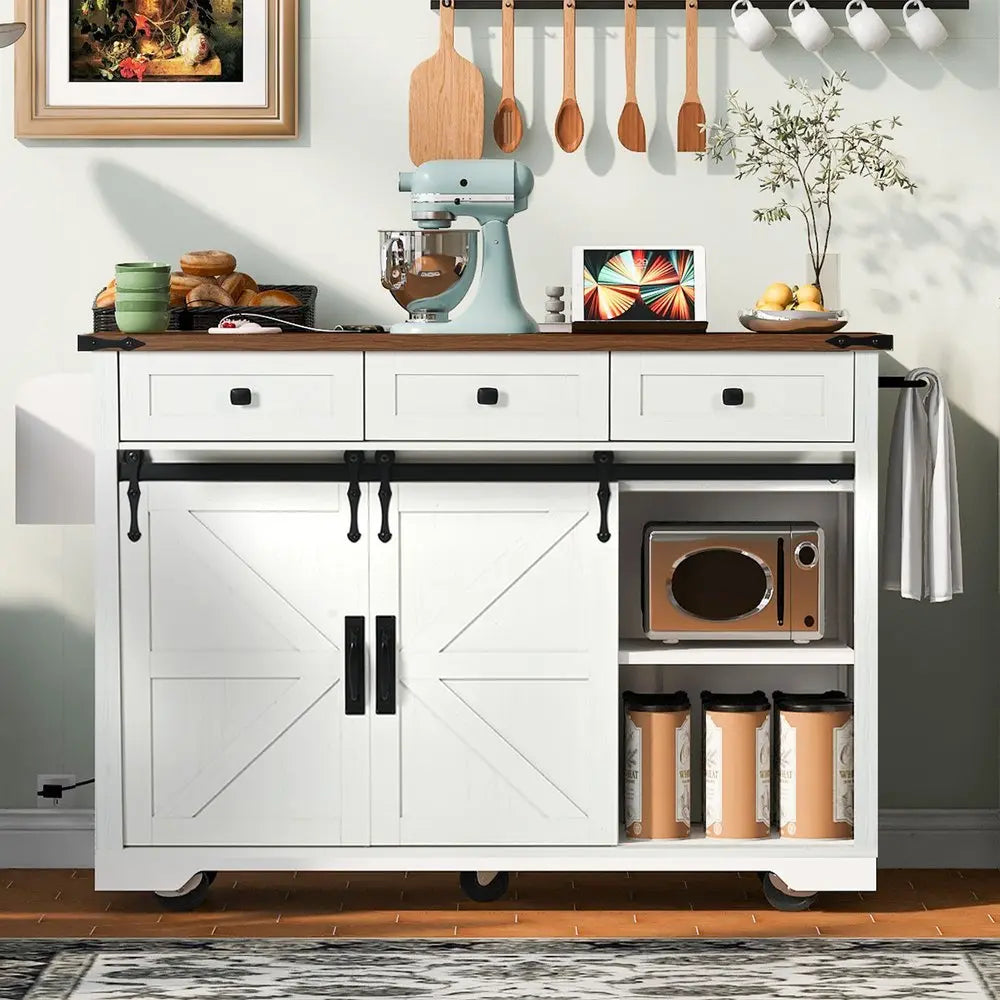 54" White Wood Barn Door Rolling Kitchen Island With USB - NOVA HOME FURNITURE