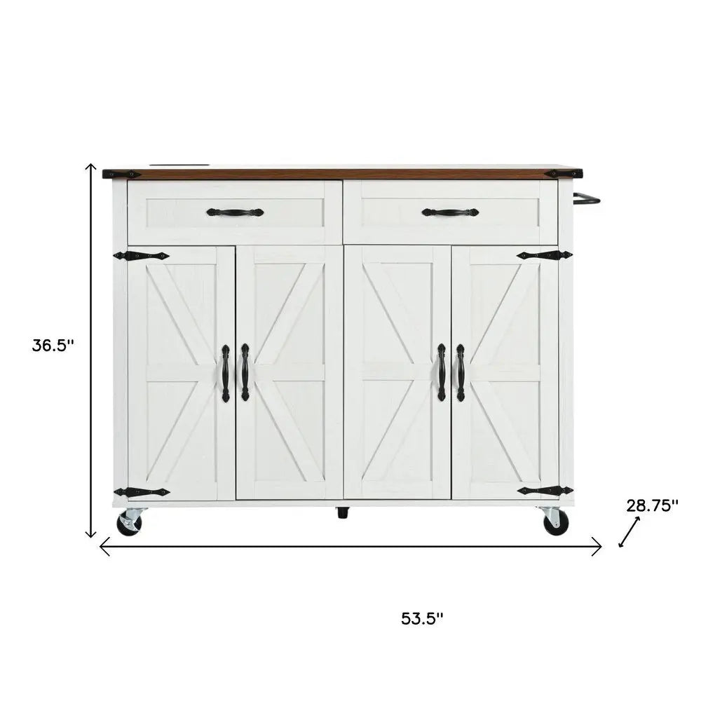 54" White Wood Barn Door Rolling Kitchen Island With USB - NOVA HOME FURNITURE