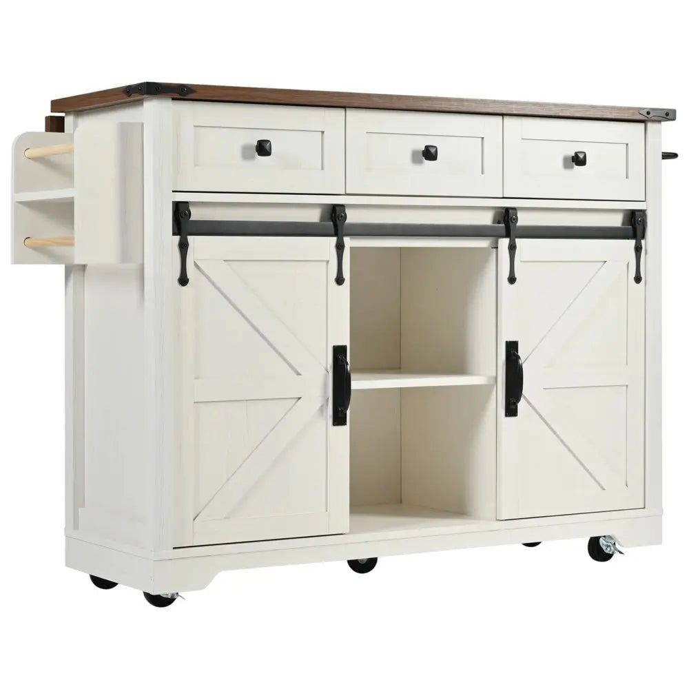 54" White Wood Barn Door Rolling Kitchen Island With USB - NOVA HOME FURNITURE