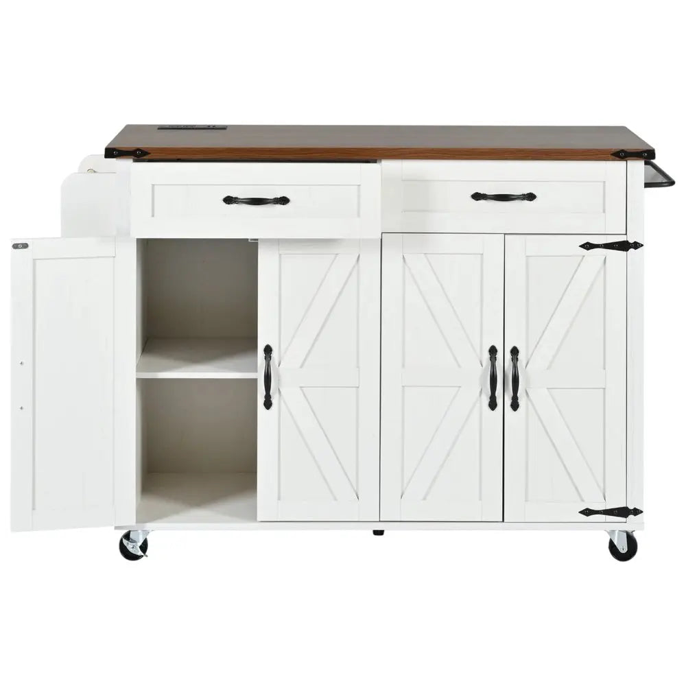 54" White Wood Barn Door Rolling Kitchen Island With USB - NOVA HOME FURNITURE