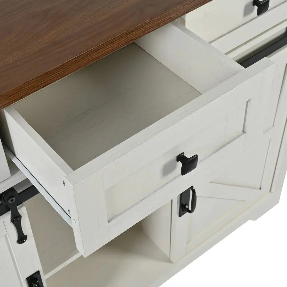 54" White Wood Barn Door Rolling Kitchen Island With USB - NOVA HOME FURNITURE