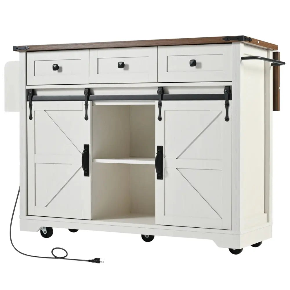 54" White Wood Barn Door Rolling Kitchen Island With USB - NOVA HOME FURNITURE