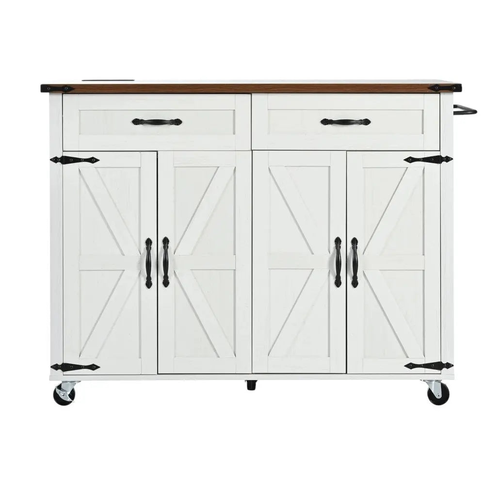 54" White Wood Barn Door Rolling Kitchen Island With USB - NOVA HOME FURNITURE
