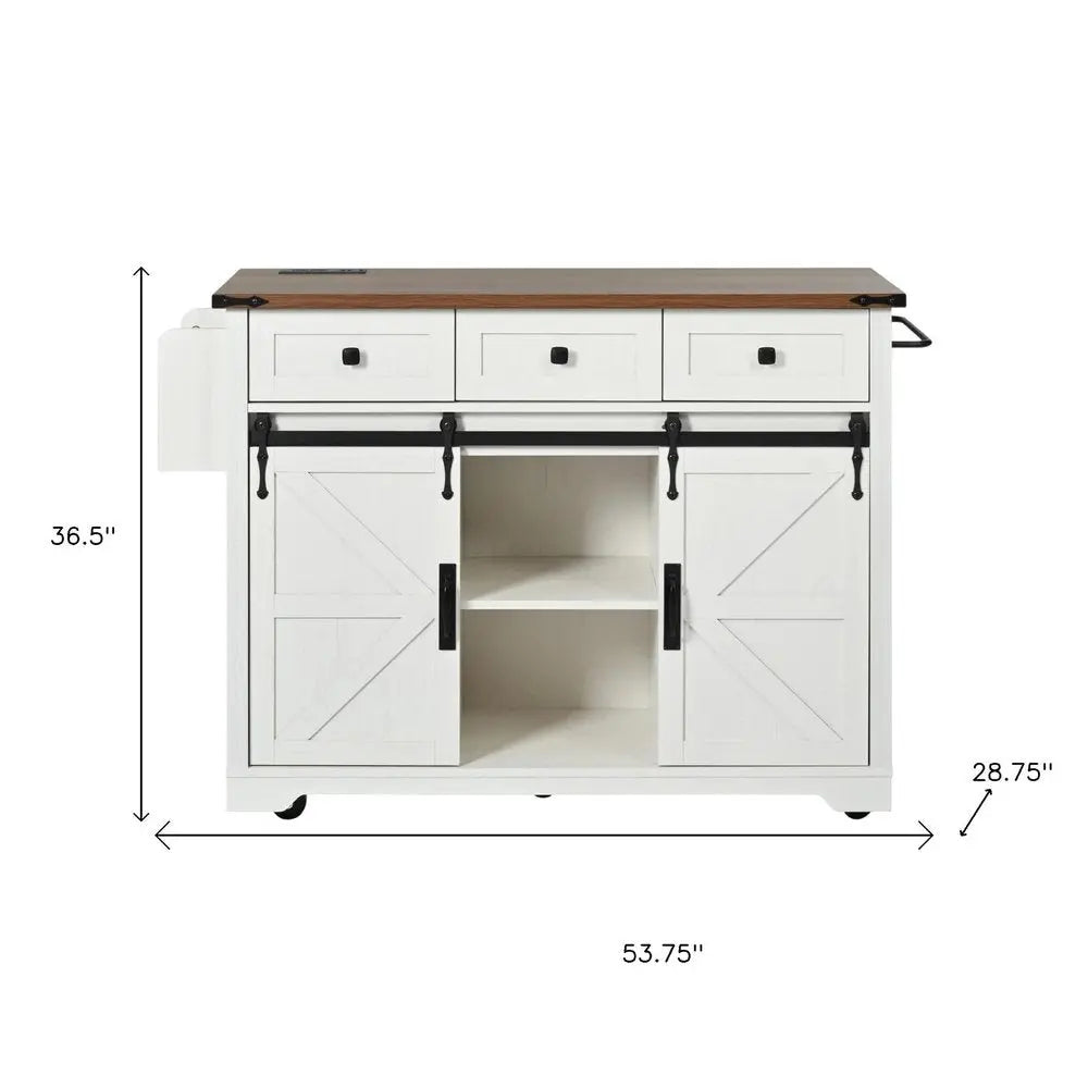 54" White Wood Barn Door Rolling Kitchen Island With USB - NOVA HOME FURNITURE