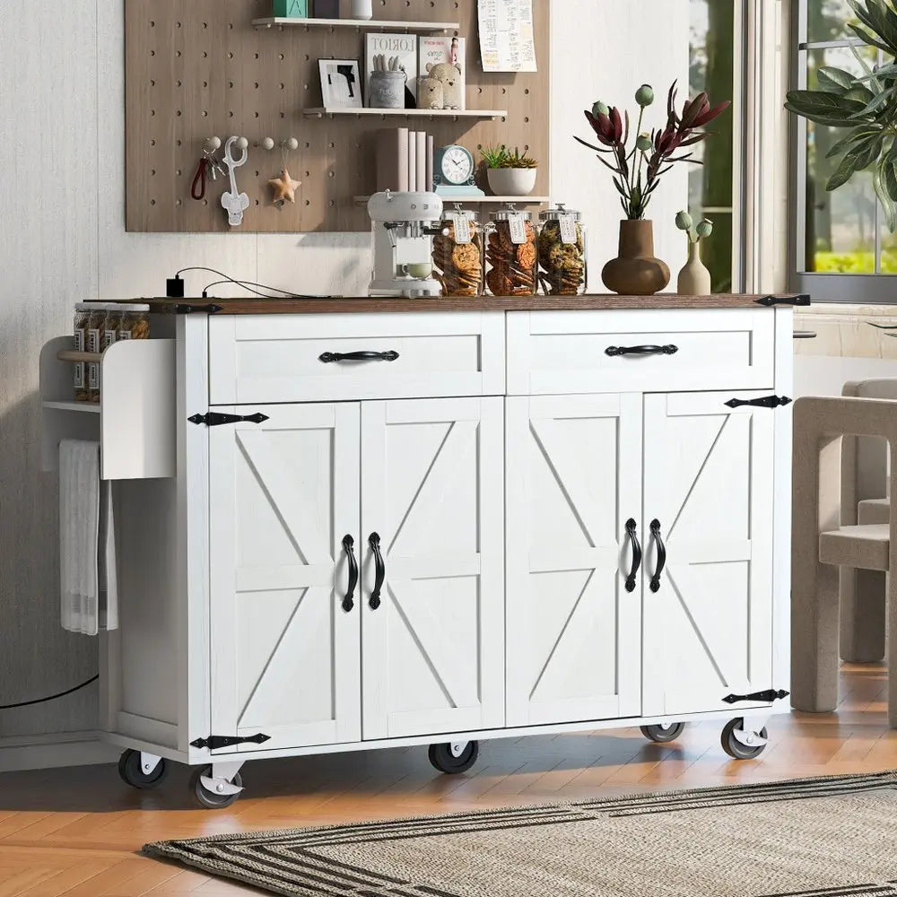 54" White Wood Barn Door Rolling Kitchen Island With USB - NOVA HOME FURNITURE