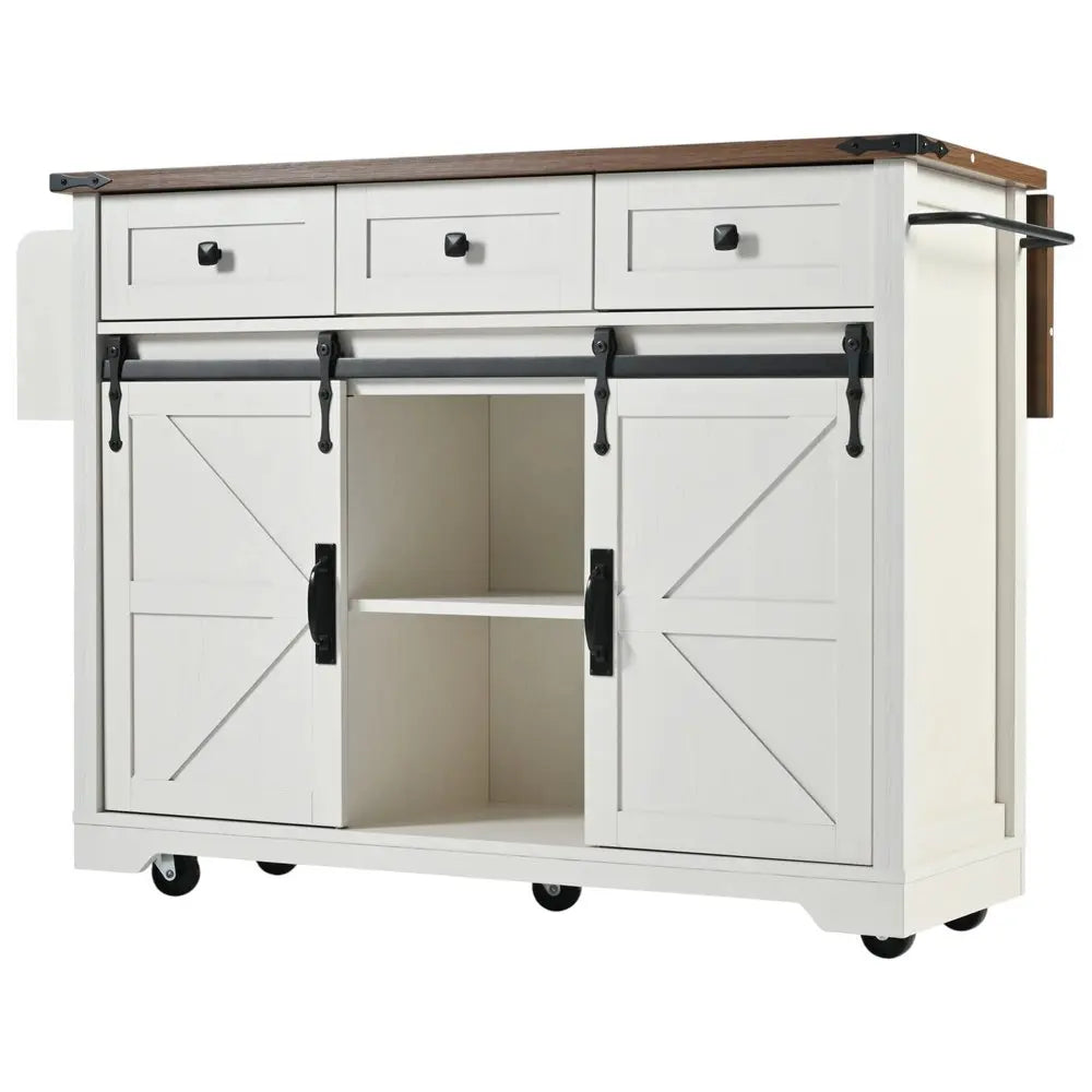 54" White Wood Barn Door Rolling Kitchen Island With USB - NOVA HOME FURNITURE