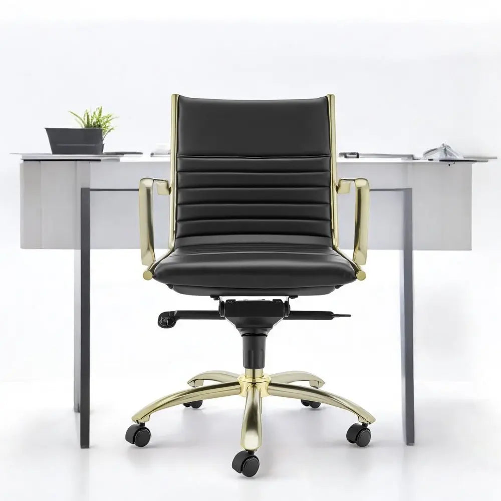 Black and Gold Steel and Faux Leather Adjustable Swivel Rolling Conference Office Chair HomeRoots