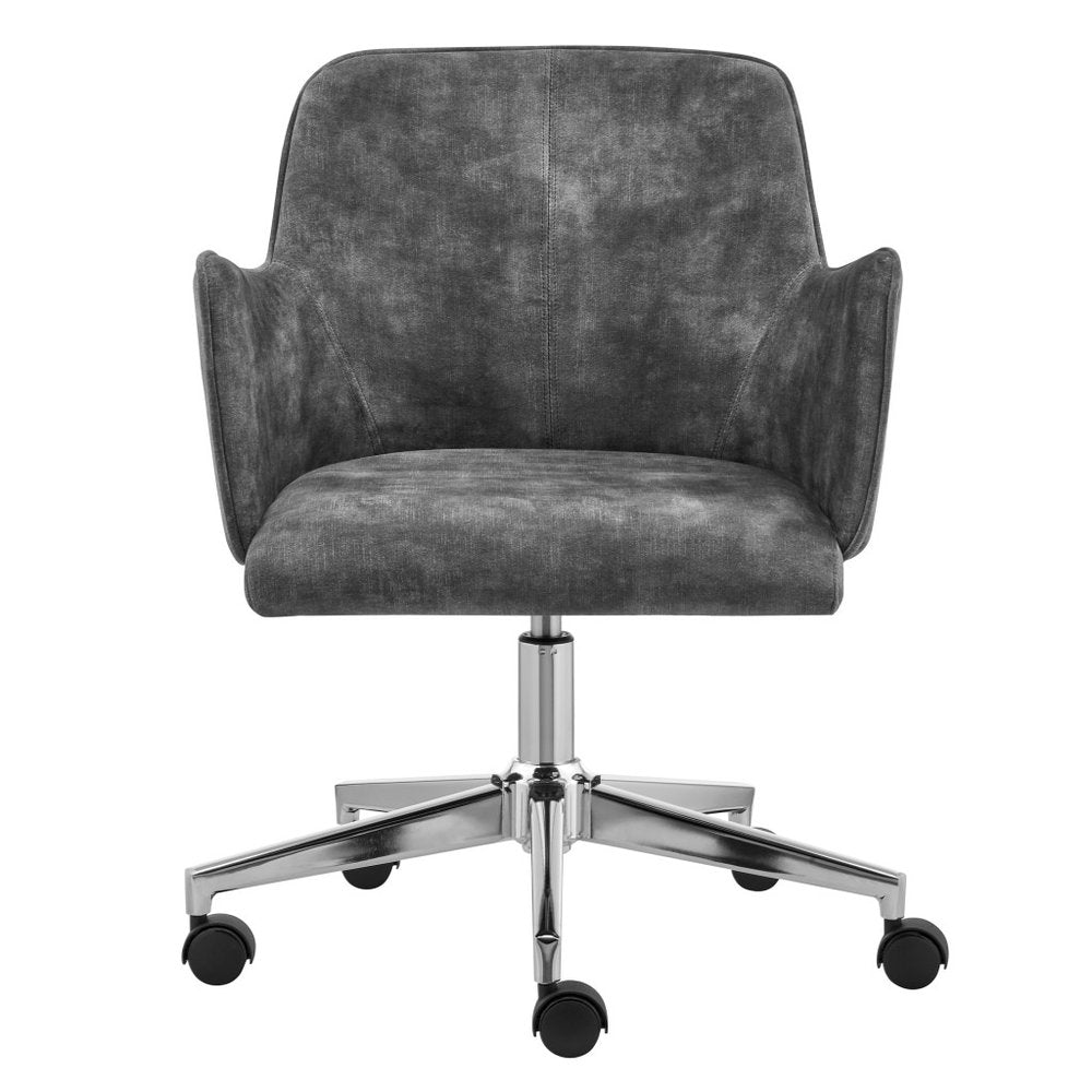 Silla de oficina giratoria ajustable con ruedas para conferencias, de terciopelo gris oscuro y plateado y acero.