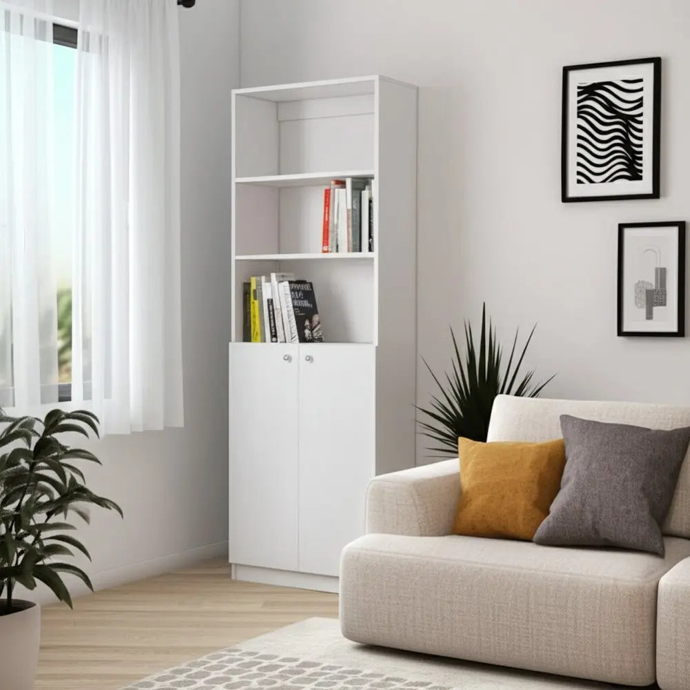 71" White Wood Three Tier Bookcase with Two Doors HomeRoots