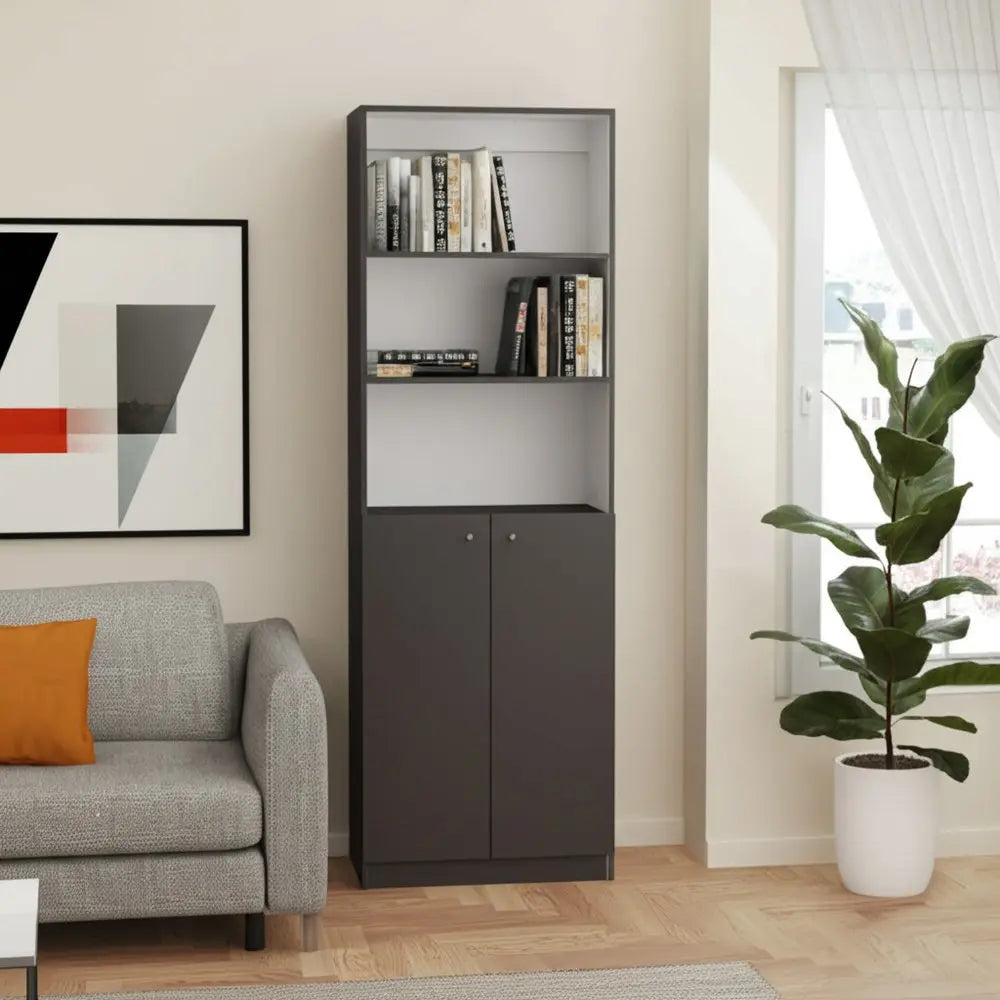 71" Gray And White Wood Three Tier Bookcase with Two Doors HomeRoots