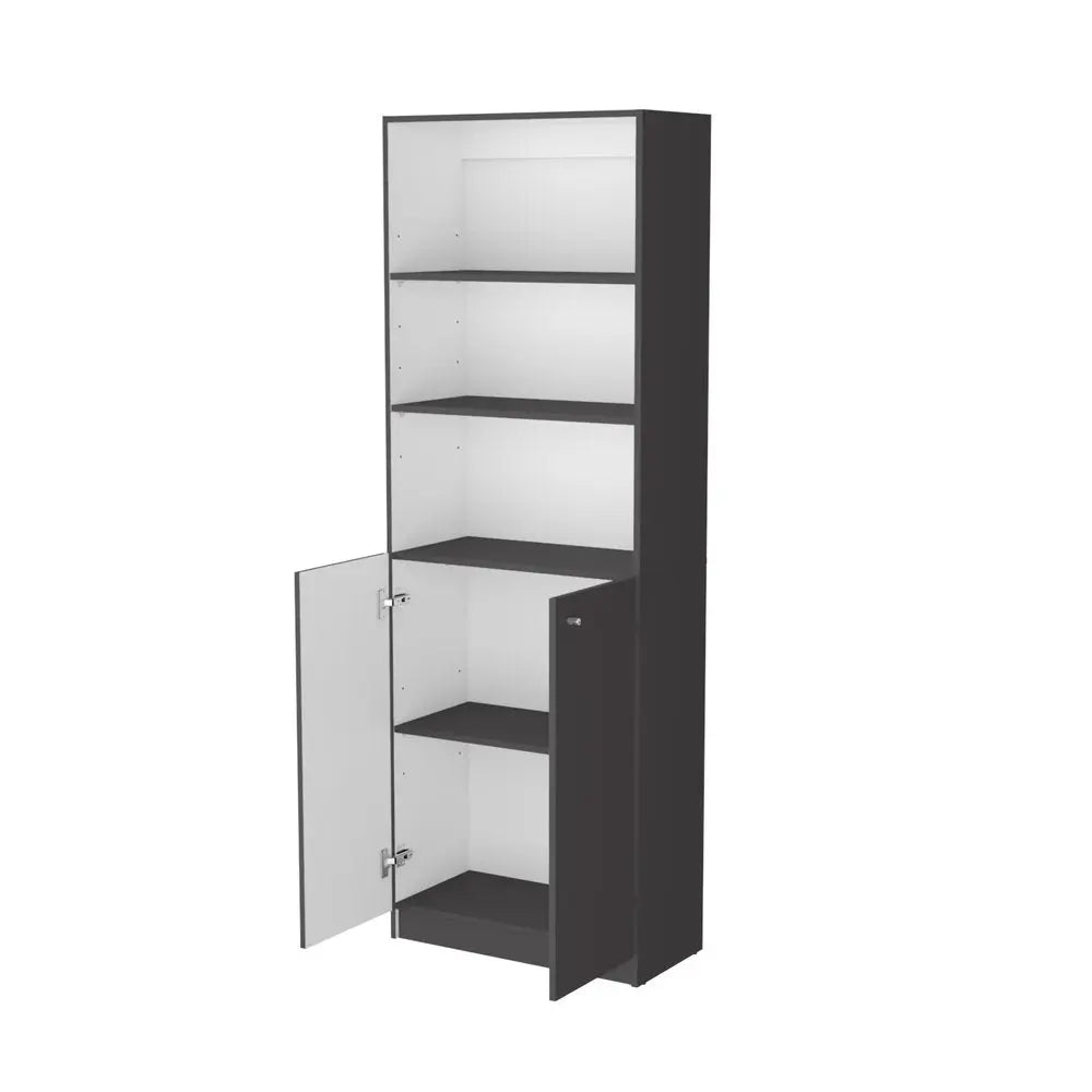 71" Gray And White Wood Three Tier Bookcase with Two Doors HomeRoots