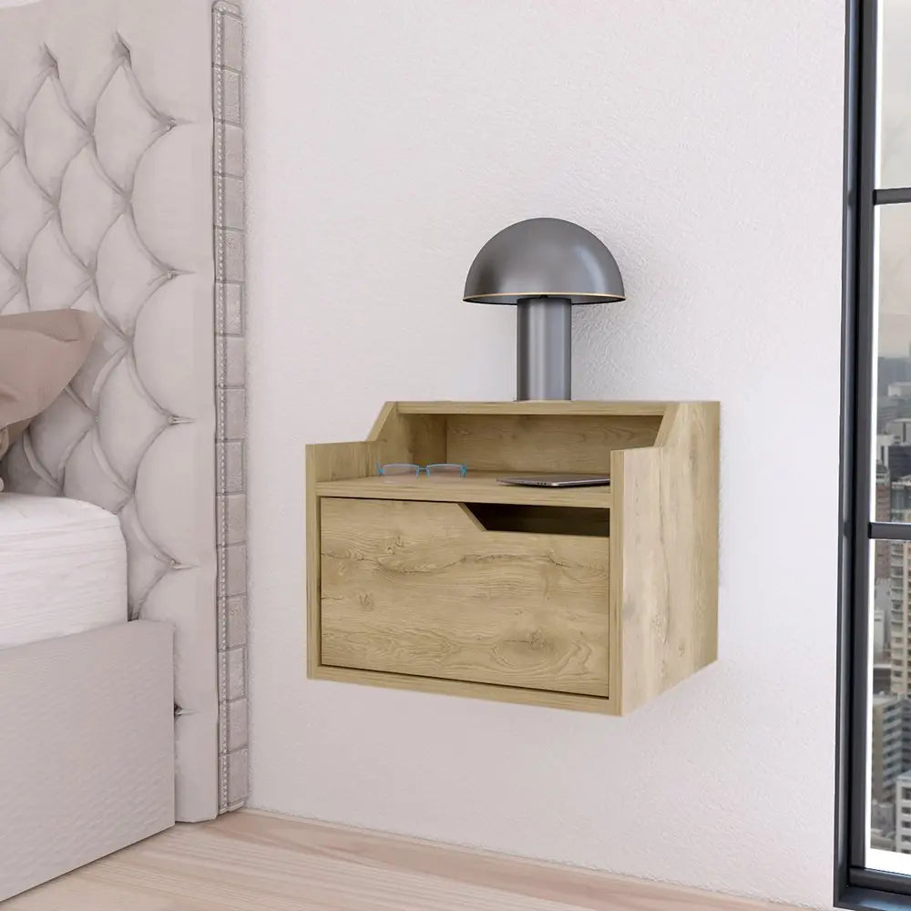 13" Beige Wood One Drawer Floating Nightstand HomeRoots