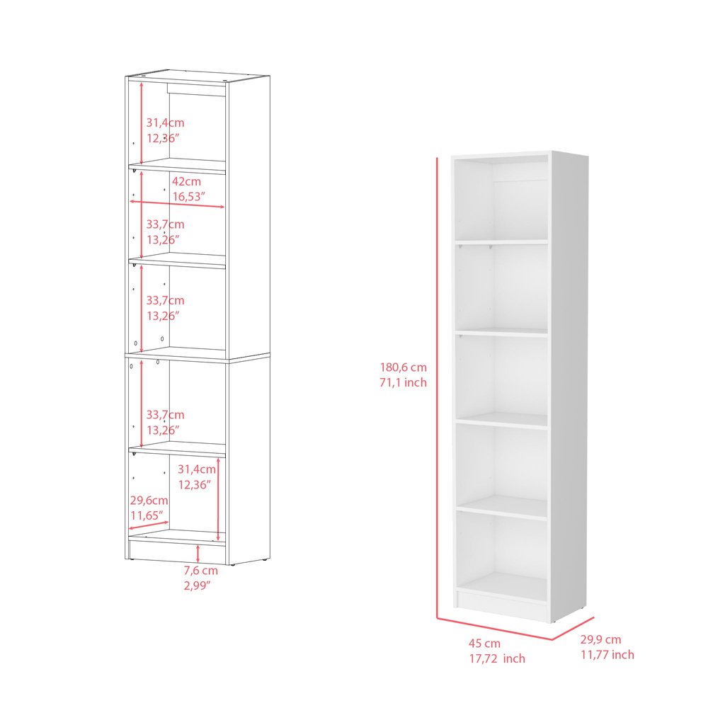 71" White Wood Five Tier Bookcase