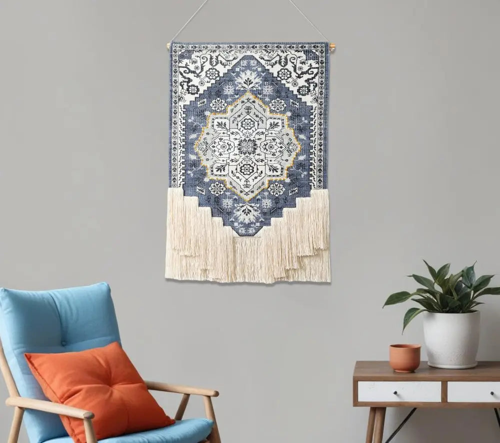 26" X 49" Blue And White Flower Floral Cotton Macrame Hanging Tapestry HomeRoots
