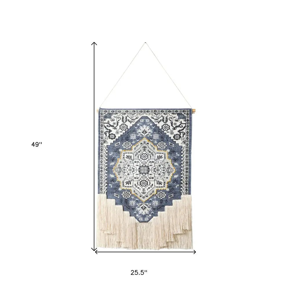 26" X 49" Blue And White Flower Floral Cotton Macrame Hanging Tapestry HomeRoots