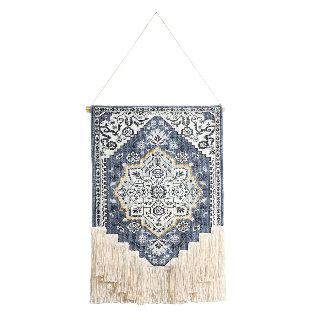 26" X 49" Blue And White Flower Floral Cotton Macrame Hanging Tapestry HomeRoots