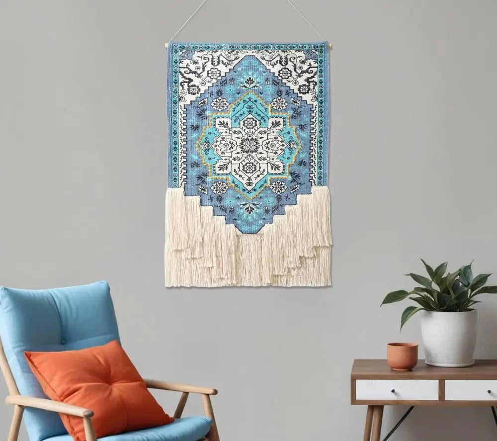 26" X 45" Blue Aqua And Ivory Flower Floral Cotton Macrame Hanging Tapestry HomeRoots