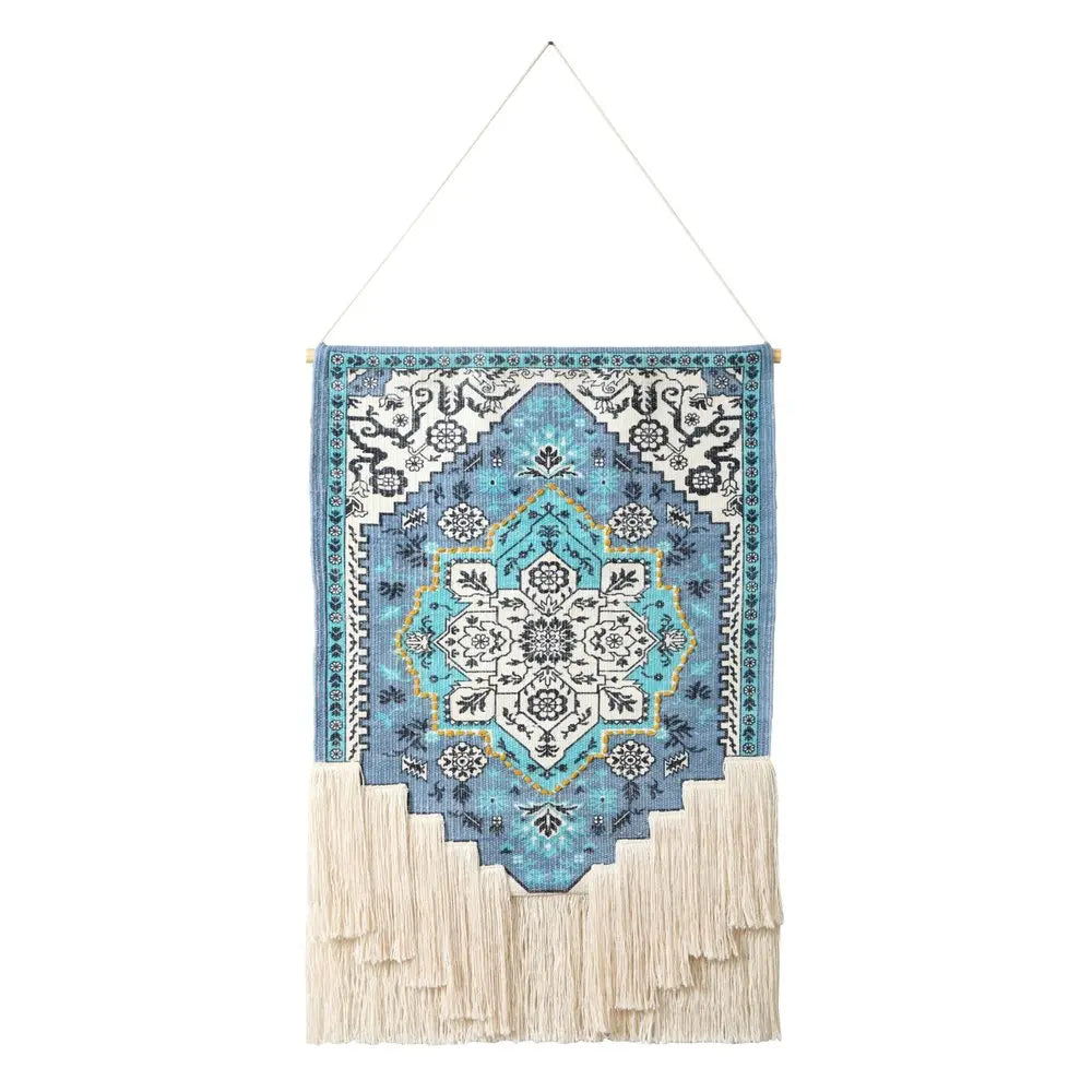 26" X 45" Blue Aqua And Ivory Flower Floral Cotton Macrame Hanging Tapestry HomeRoots