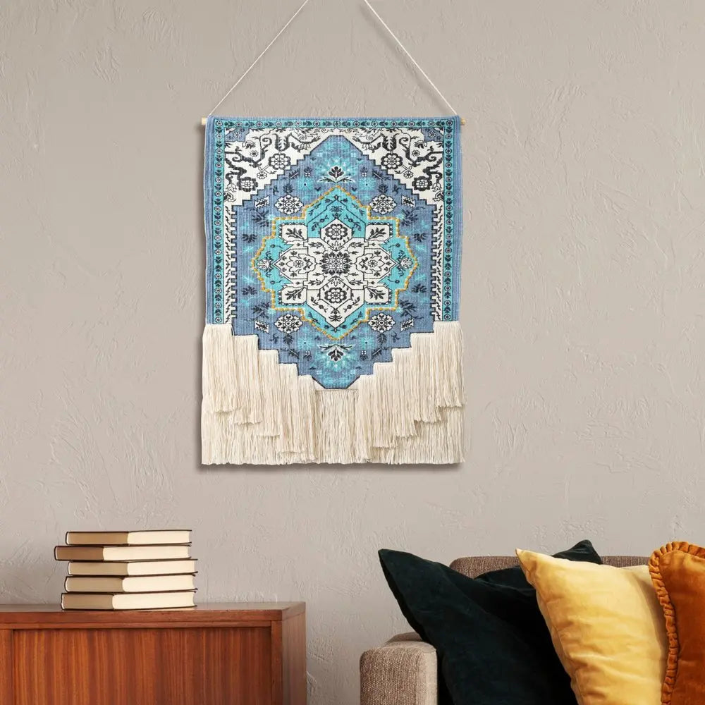 26" X 45" Blue Aqua And Ivory Flower Floral Cotton Macrame Hanging Tapestry HomeRoots
