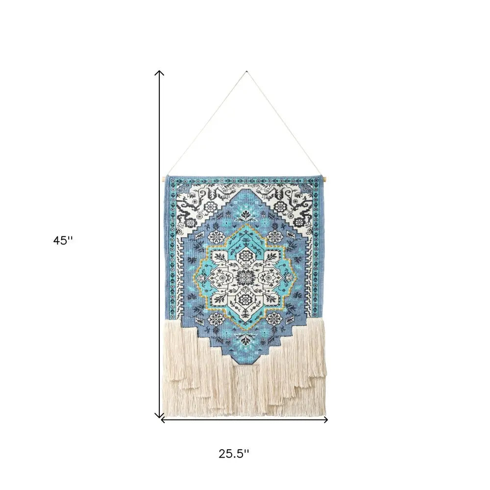 26" X 45" Blue Aqua And Ivory Flower Floral Cotton Macrame Hanging Tapestry HomeRoots