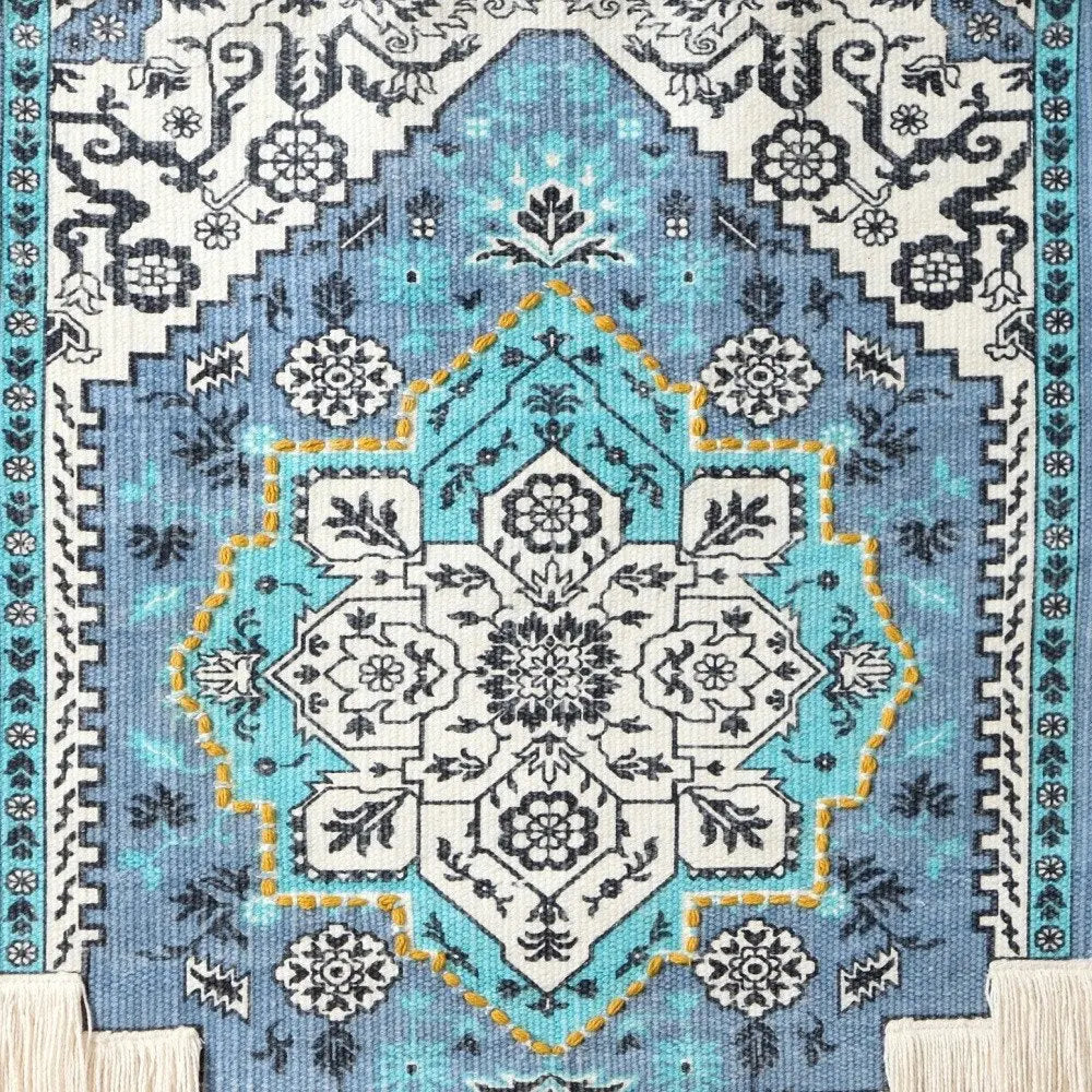 26" X 45" Blue Aqua And Ivory Flower Floral Cotton Macrame Hanging Tapestry HomeRoots