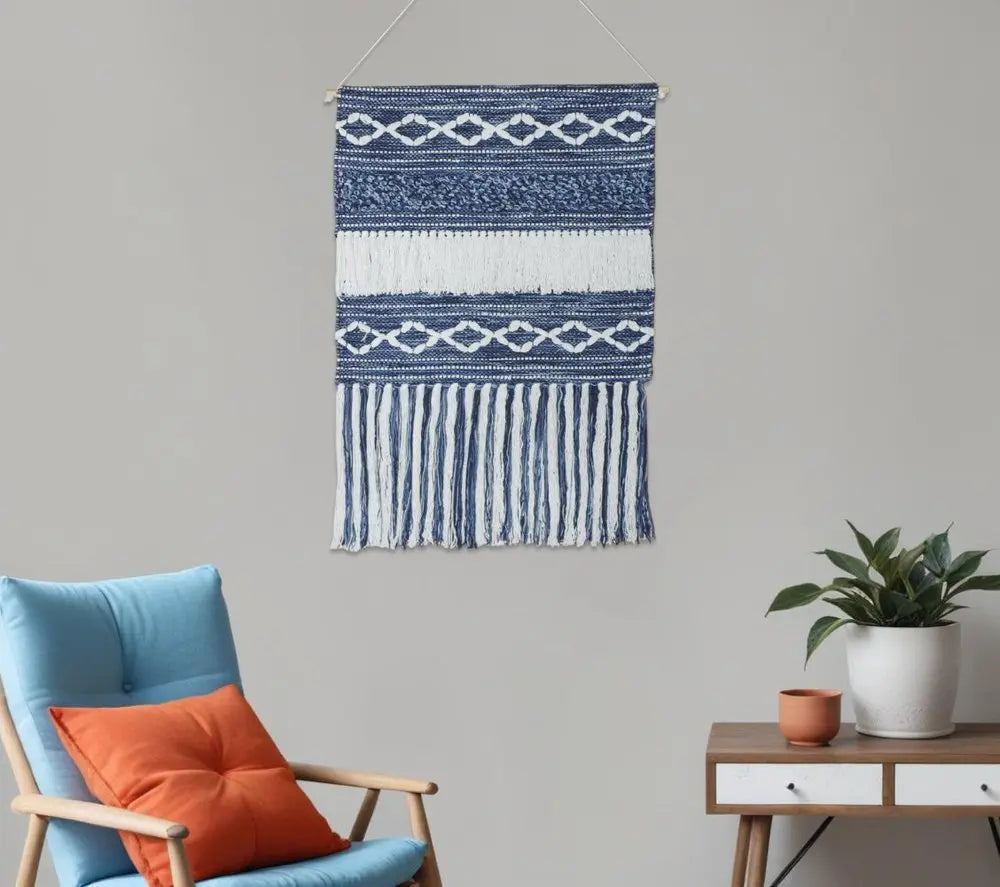 26" X 51" Denim Blue And White Geometric Cotton Macrame Hanging Tapestry HomeRoots
