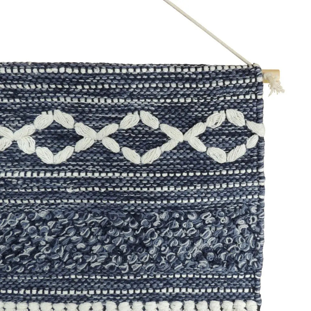 26" X 51" Denim Blue And White Geometric Cotton Macrame Hanging Tapestry HomeRoots