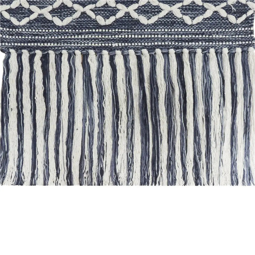 26" X 51" Denim Blue And White Geometric Cotton Macrame Hanging Tapestry HomeRoots