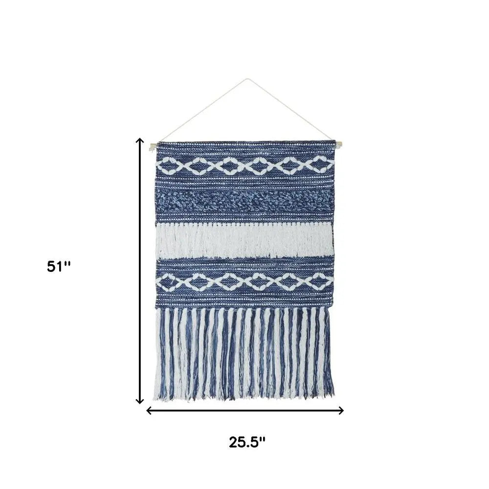 26" X 51" Denim Blue And White Geometric Cotton Macrame Hanging Tapestry HomeRoots